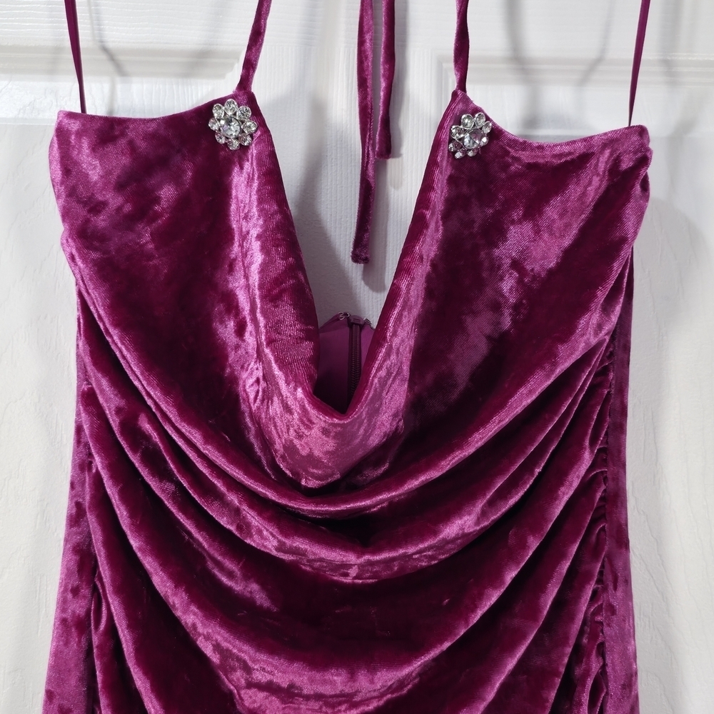 WAYF Purple Velvet Ruched Halter Cowl Neck Mini Dress - Size M - Picture 4 of 9